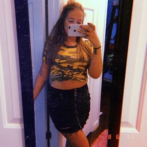 black zip-up denim mini skirt